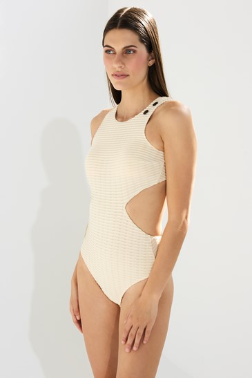 HIGHNECK ONE PIECE WITH CUTS AND BUTTONS
